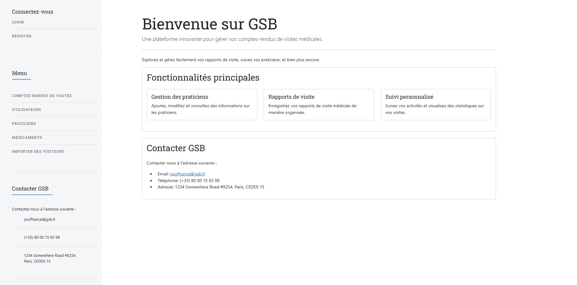 Capture d'écran de la page d'accueil de l'application GSB